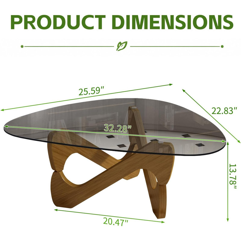 Table basse moderne triangulaire, plateau en verre trempé de 32,3 po avec base sculpturale en bois, table d'appoint pour le salon, petits espaces