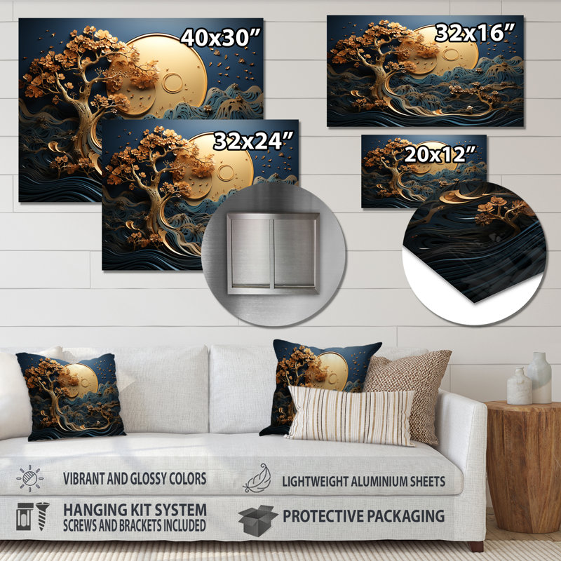 Ambiance côtière dorée et bleue III - arbre, art mural en métal, H 30 po x l 40 po x P 1,5 po