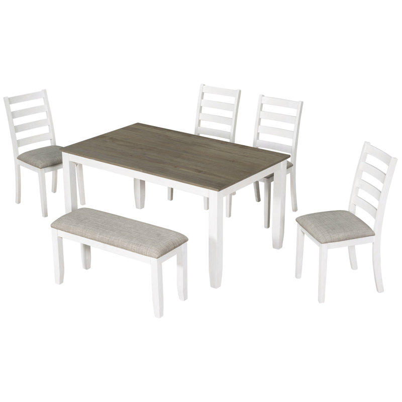 Six-Piece Dining Room Table Set Comprising Four Upholstered Chairs and a Bench for Family Gatherings and Dinner Parties