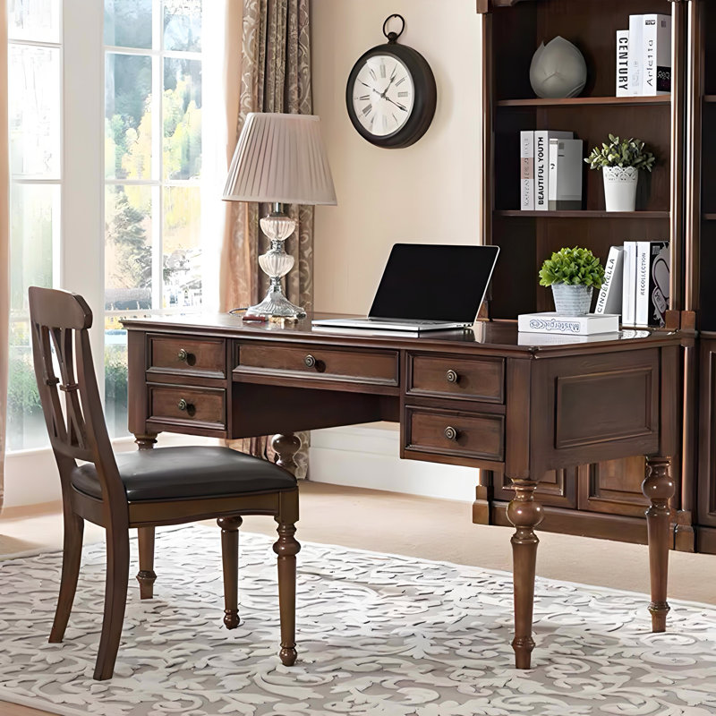 Bureau en bois massif brun foncé de style américain, bureau d'ordinateur d'écriture et de calligraphie