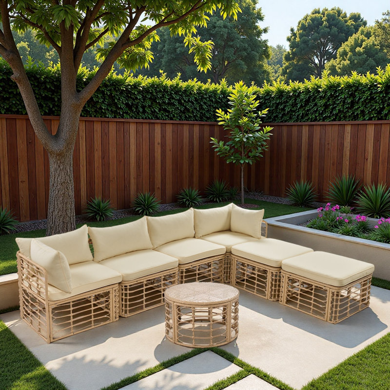7 Pieces Outdoor Patio Rattan Sectional Sofa Set With Thick Cushions, Pillows, Hollow Woven Design And Adjustable Feet, Brown