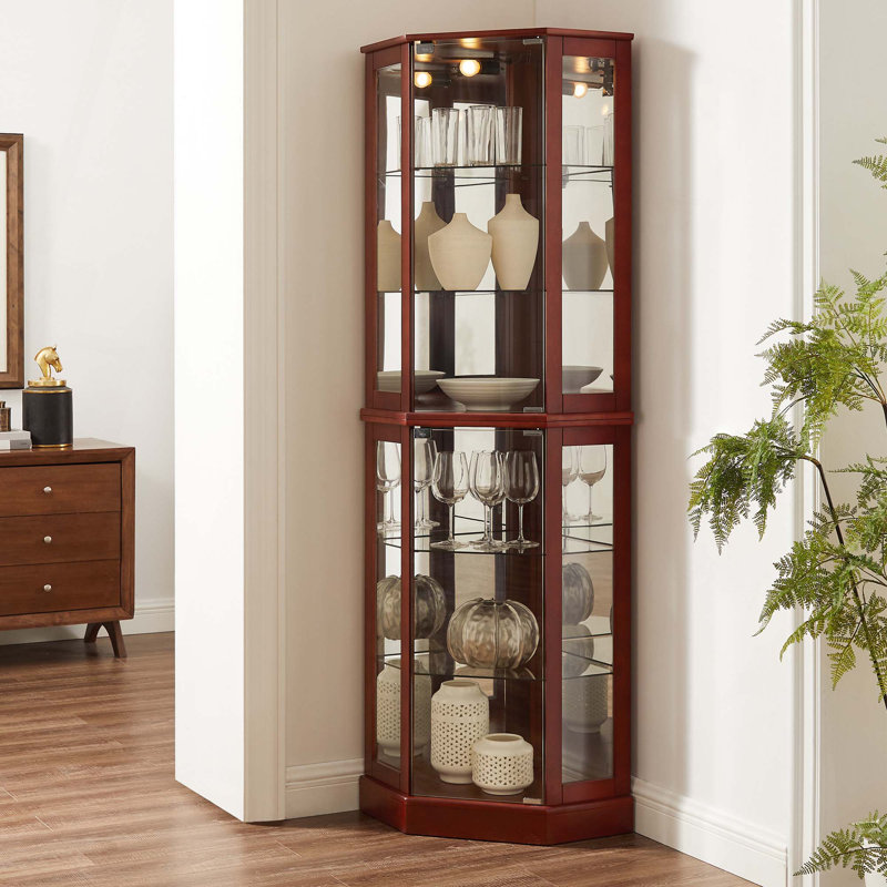 Vitrine de coin éclairée à 6 tablettes, tablettes réglables (ampoule non incluse), Cerisier