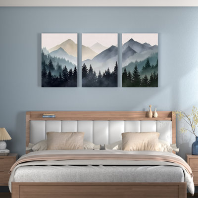Foggy Mountain Forest Canvas Wrapped Wall Art, Abstract Landscape Print (Set of 3)