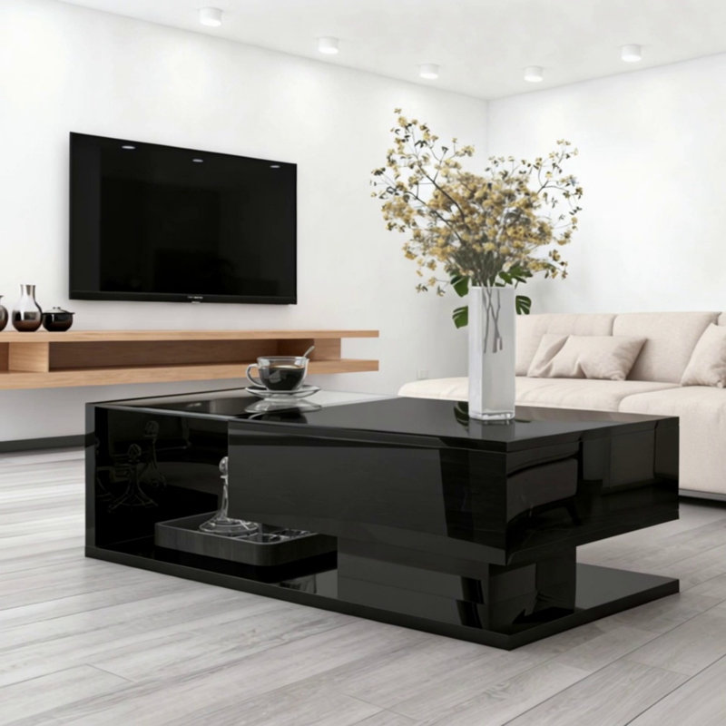 Table basse moderne avec verre trempé, Noir