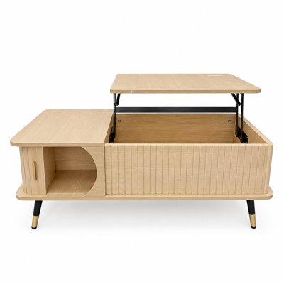 Table basse à plateau relevable avec rangement dissimulé et tablette latérale ouverte