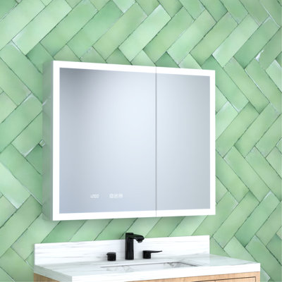 36 In. W X 30 H Rectangular Silver Aluminum Recessed/Surface Mount Medicine Cabinet With Adjustable Tempered Glass Shelves, Silent Hinges, 12 - Hour Time Display, Three Colour Selections Mirror Led