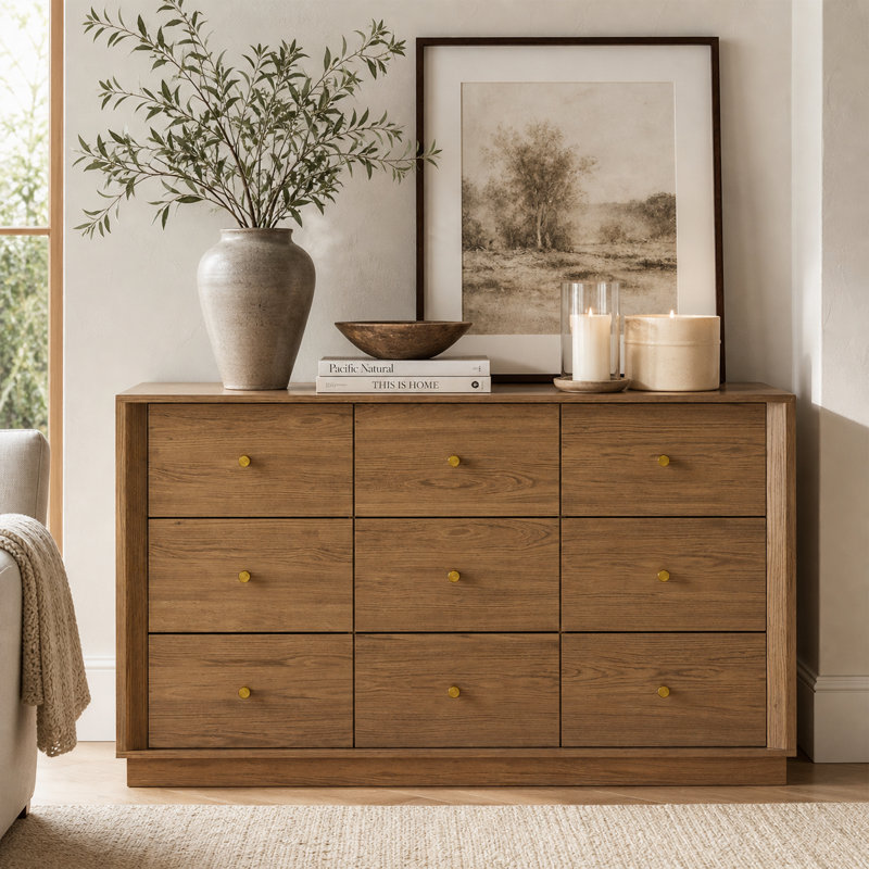 9 Drawer Dresser, Mid Century Modern Dresser With Storage, 55" Wide Chest Of Drawers With Wood Grain Texture, Dressers Tv Stand For Bedroom, Living Room, Hallway, Walnut