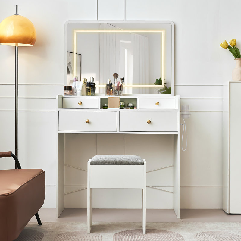 White Large Vanity Desk With Mirror And Lights, Storage Stool, Makeup Dressing Table For Bedroom