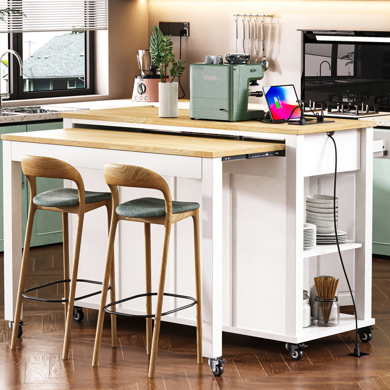 Îlot de cuisine 47,2 po avec table de salle à manger extensible 13,8 x 41,7 po, placage en bois d'hévéa, support de rangement interne, prises de recharge