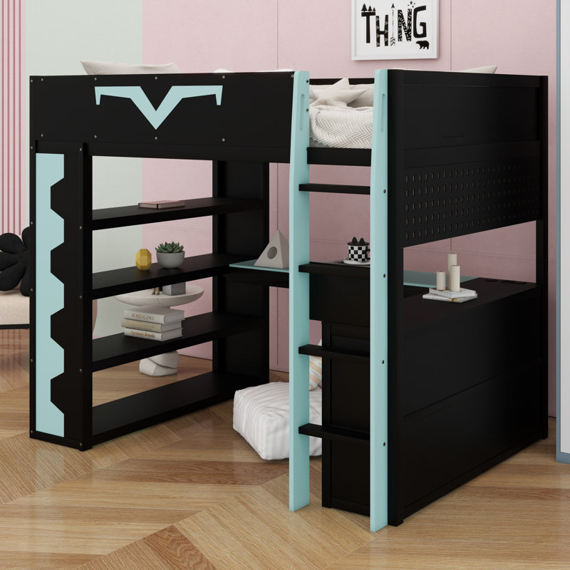 Lit mezzanine multifonctionnel avec bureau, lumières RVB, plateau à clavier et rangement, lit de jeu avec prise de courant, panneau perforé et tablettes