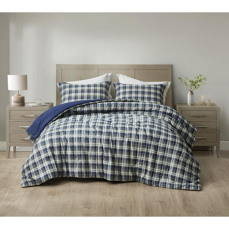 Chad Plaid Printed Reversible Washed Cotton Comforter Set, Full Comforter + 2 Standard Pillow Shams