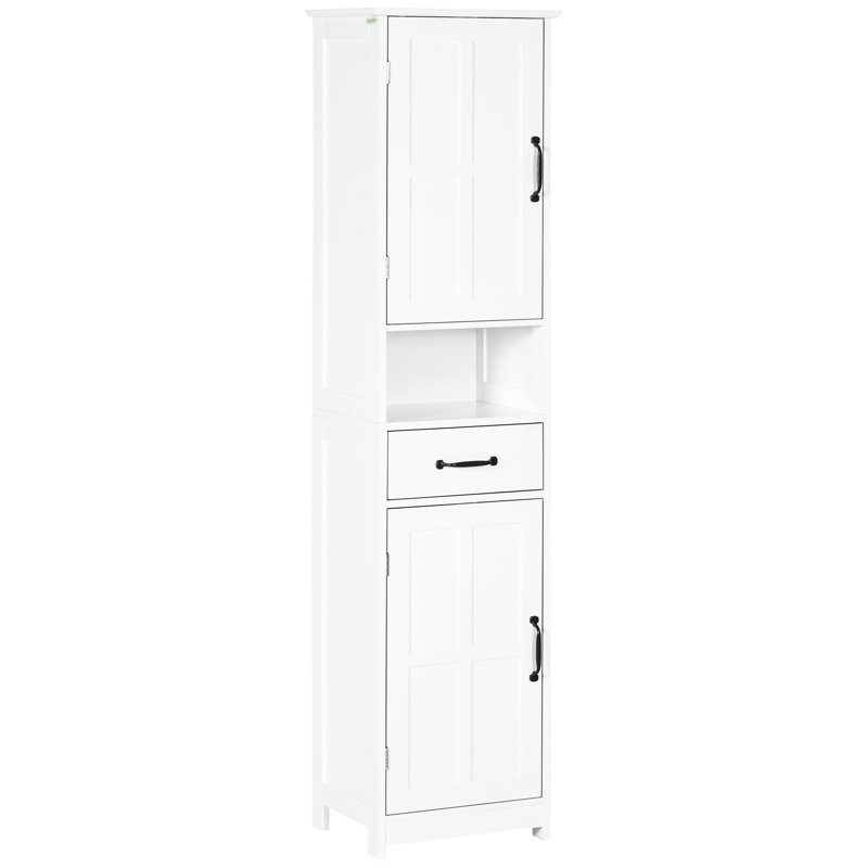 Armoire de salle de bain en lin - grande et mince avec tablette ouverte, tiroir, portes encastrées et tablettes réglables, rangement blanc