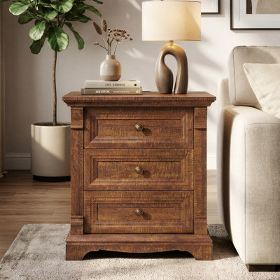24" Farmhouse Nightstand With Charging Station With 3 Drawers Storage, Wood Side Table,End Table