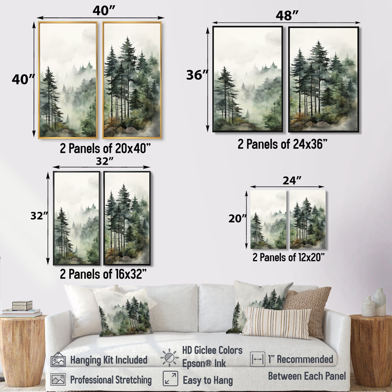 «Pine Tree Misty Morning I» - Décoration murale pin, H 36 po x l 48 po, Reproduction encadrée sans passe-partout, Noir
