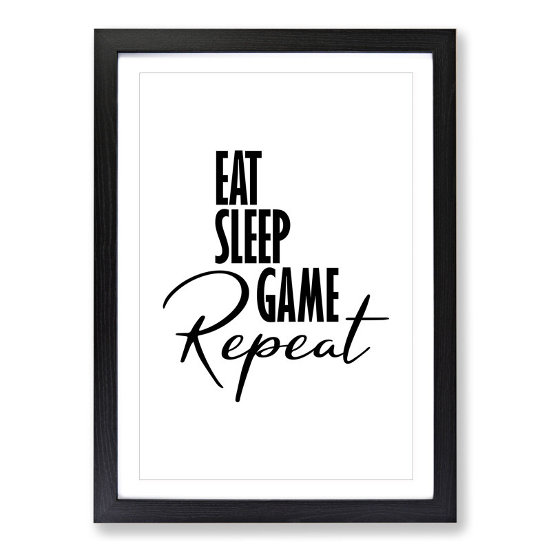 Eat Sleep Game Repeat - Picture Frame Typography, Black, 65cm H x 48cm W x 2cm D