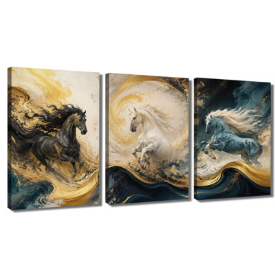 3 panneaux muraux, trois chevaux qui courent, tourbillon de marbre doré, impression sur toile tendue pour le salon