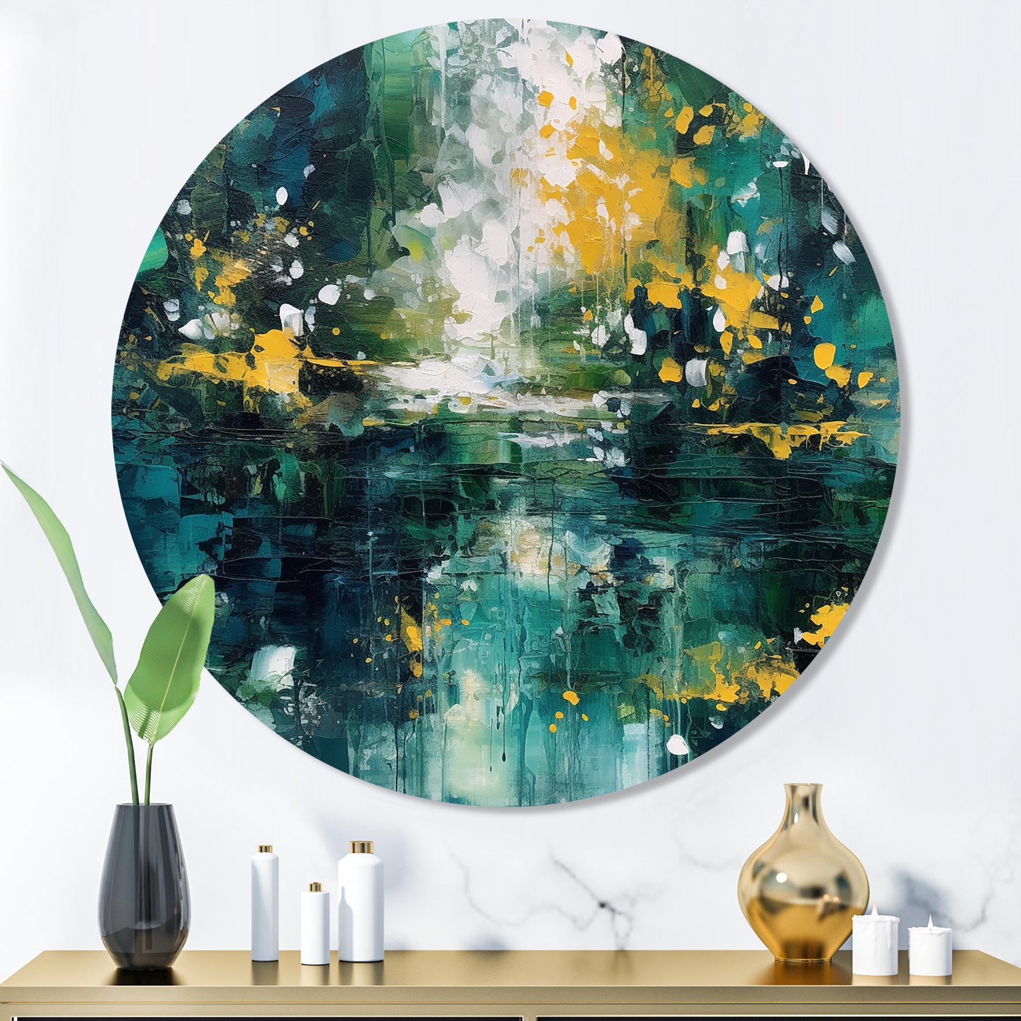Ivy Bronx Yellow Green' Transcendent Liquid Ink - Abstract Marble Round ...