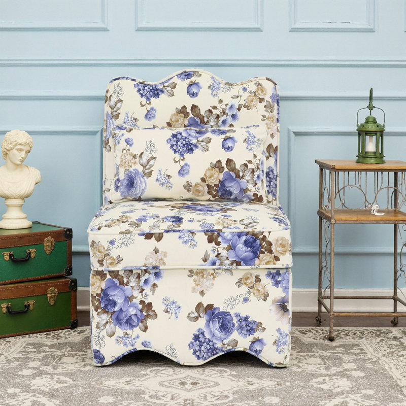 Chaise de salle à manger en flanelle bleue avec motif floral - sans accoudoirs avec coussin lombaire, rembourrée de mousse pour plus de confort