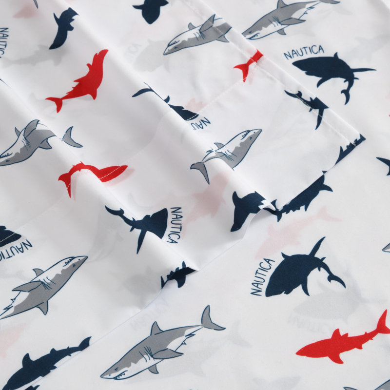 Nautica Kids Printed Cozy Sheet Set, Twin Extra Long Sheet Set with 1 Pillowcase, Branson Sharks Navy