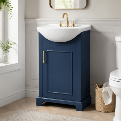 Meuble-lavabo sur pied de 50 cm (20 pouces) avec lavabo en céramique, porte à fermeture douce, bassin bombé, style français, bleu