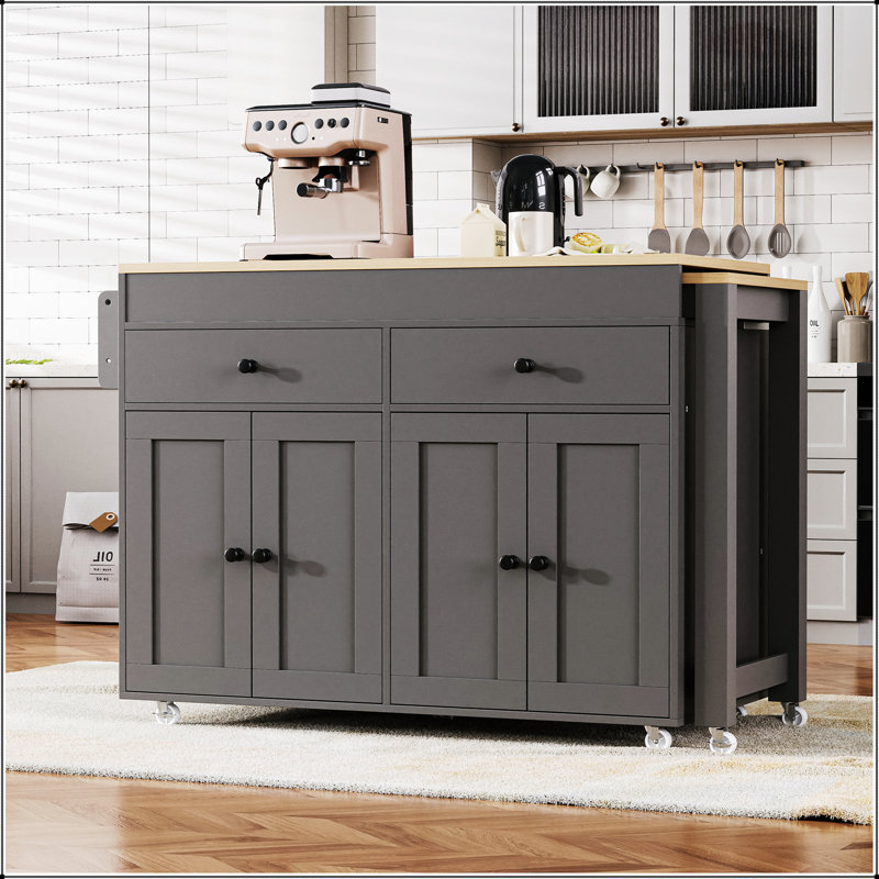 Îlot de cuisine de 74,5 pouces avec table de salle à manger, chariot roulant avec support à épices, tiroirs et armoire de rangement