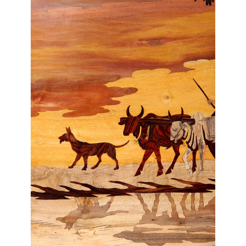 Large Hand-Carved Sunset Bullock Cart 3D Wood Inlay Wall Art, 48-Inch for Rustic Living Room Decor