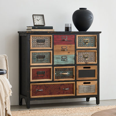 Vintage Storage Cabinet with Multi-Colored Drawers, 35 x 33 inches, Metal Mesh Design, Distressed Fir