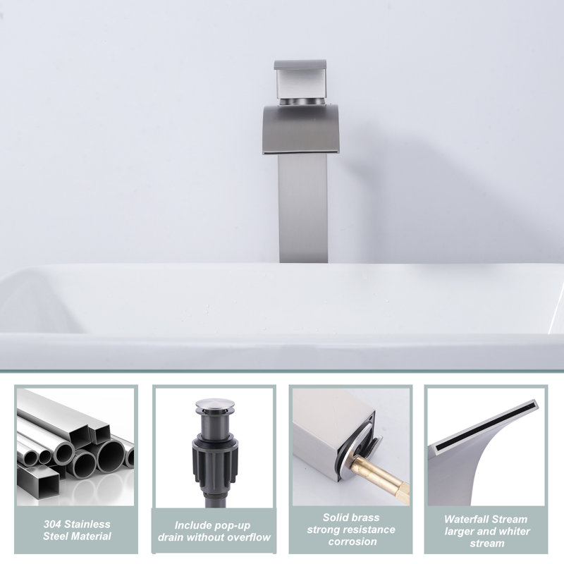 Robinet pour salle de bain à un trou avec drain Waterfall, Nickel brossé