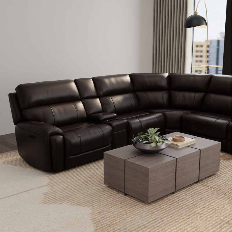 6 modulaires électriques en cuir en forme de L, appuis-tête, repose-pieds, etc., rangement caché, idéal pour un salon modulaire tabac, avec console multifonctionnelle, espace principal