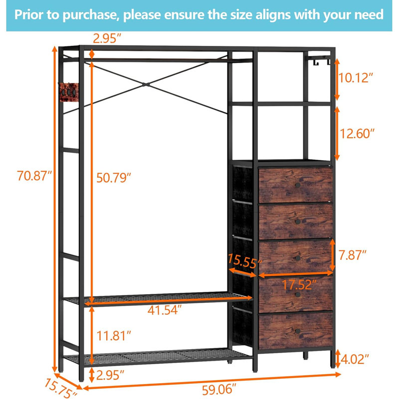 Rustic Heavy Duty Metal Clothes Rack with Shelves and Drawers