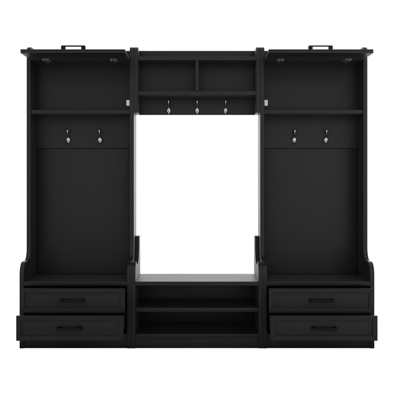 4-In-1 Detachable Hall Tree With Storage And 7 Hooks, Multiple Functions Hallway Coat Rack With Storage Drawers And Cabinet, Black Shoe Bench For Entryway Hallway