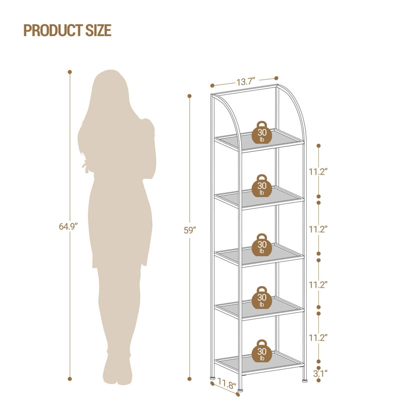 5-Tier Steel Arched Design Slim Bookshelf, White