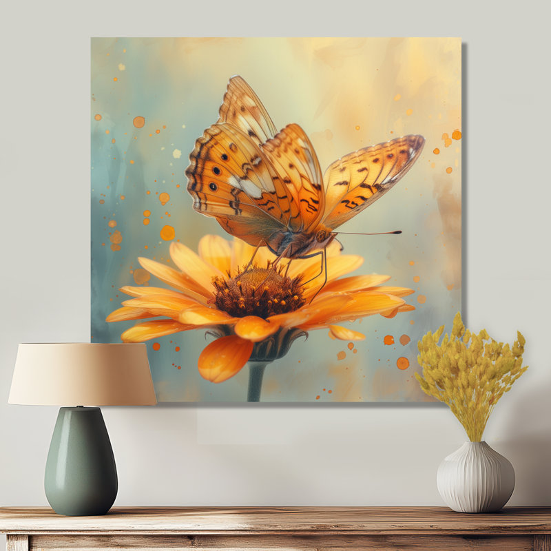Papillon jaune rétro sur marguerite - impression d'art mural papillon, Toile tendue, 30" H x 30" W