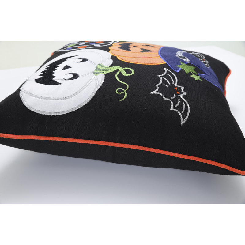 Black Halloween Pumpkin Embroidered Cotton Throw Pillow Cover