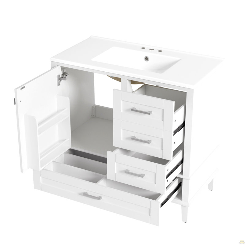 Ensemble de meuble-lavabo moderne 36 po avec ensemble de meuble-lavabo 36 po, armoire de rangement avec 1 porte à fermeture douce et 3 tiroirs à fermeture douce, structure en bois massif (blanc)