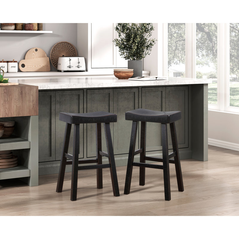 2 tabourets de comptoir en bois d'hévéa massif, style transitionnel, 2 pièces, Noir