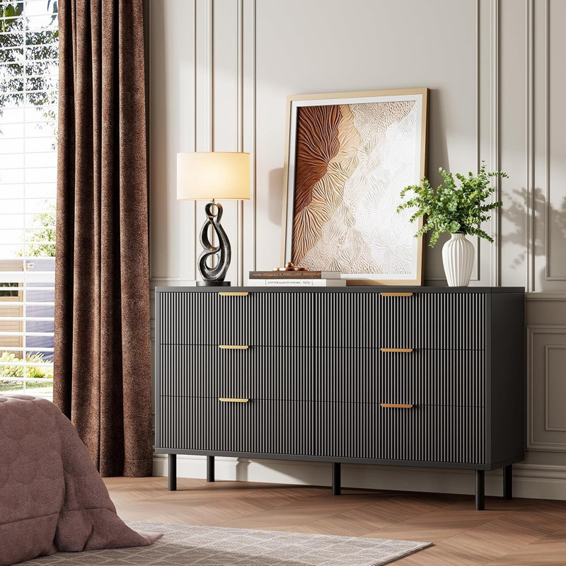 6-Drawer Wave Fluted Dresser, Wide Modern Wood Chest with Metal Legs & Handles, Anti-Tip, Black