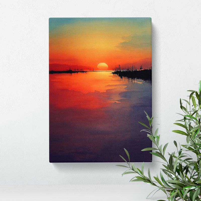 Watercolour Sunset Lake No.1 - Wrapped Canvas, 76cm H x 50cm W x 3cm D