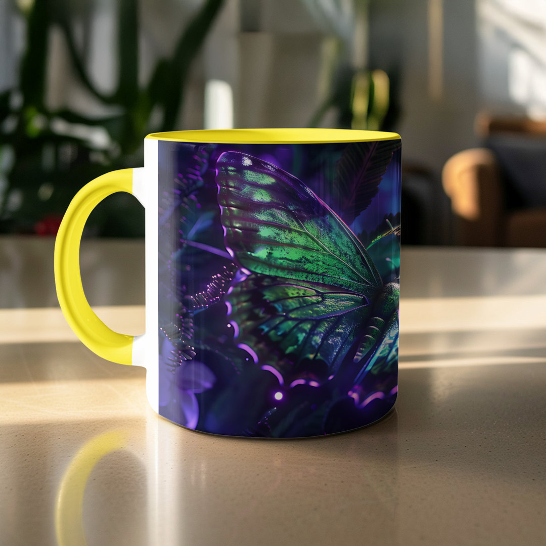 Set of 3 Butterfly Design 11oz Accent Mugs – White Ceramic Coffee Cup with a Yellow Handle and Interior