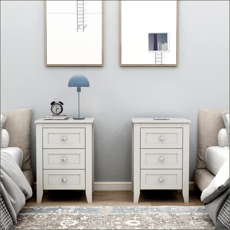 Ensemble de 2 tables de chevet 3 tiroirs modernes blanches avec station de charge, Ensemble de 2