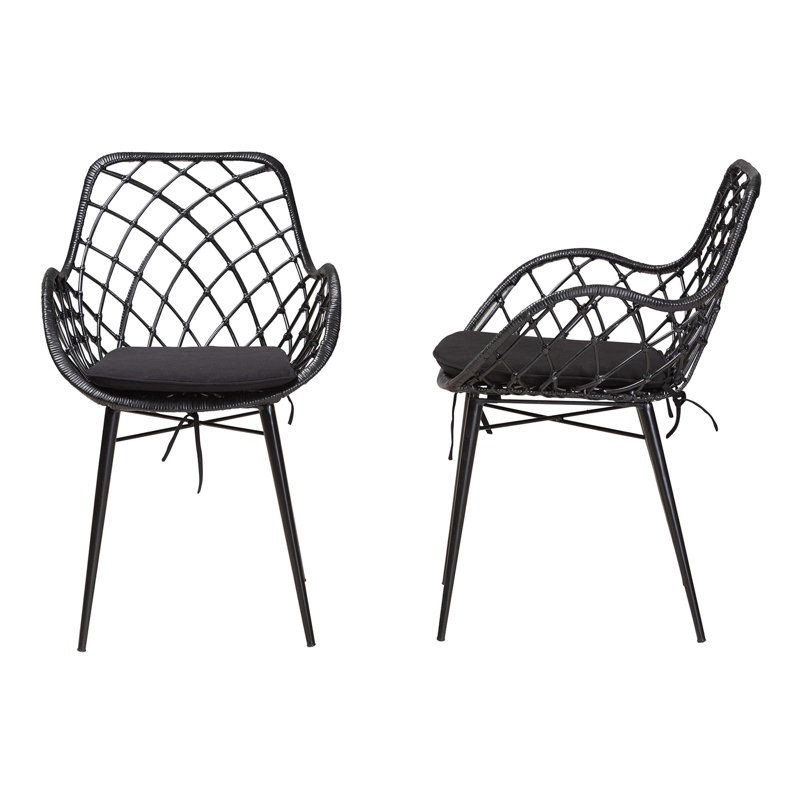 Hileman Fabric Slat Back Rattan and Teak Wood Side Chair, Black, Espresso Brown