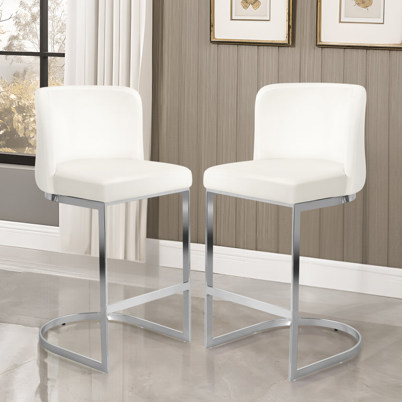 26'' Modern Upholstered Low Back Counter & Bar Stool With Metal Sled Frame , Velvet Cream White, 2