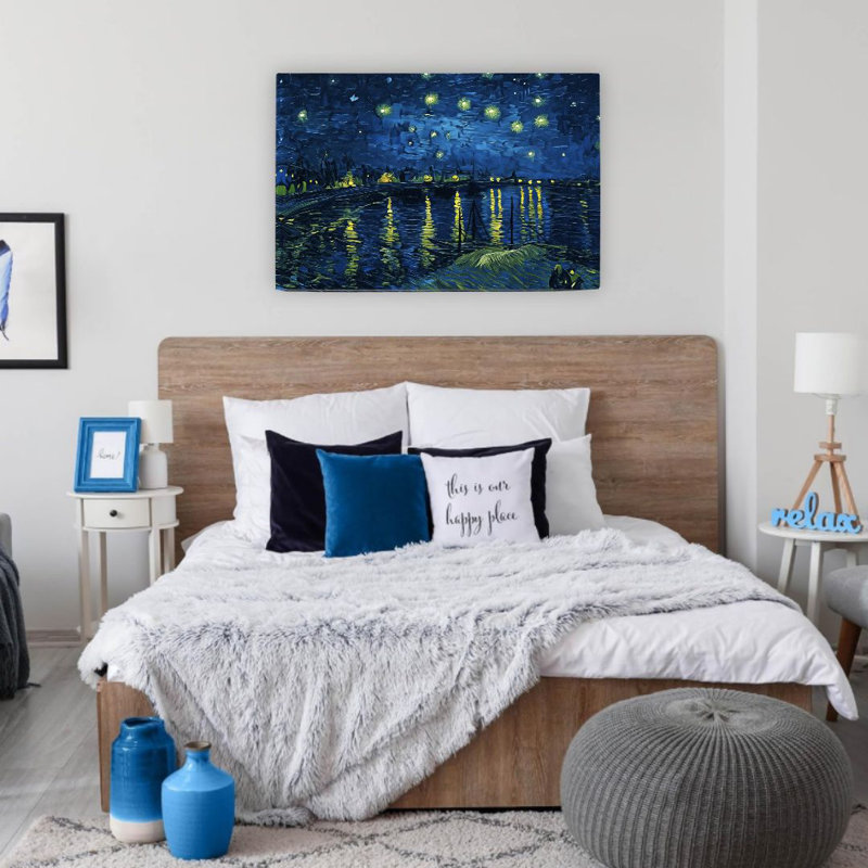 Van Gogh-Style Starry Night River, cadre en bois à l'arrière encastré, décoration murale, l 36 x L 24