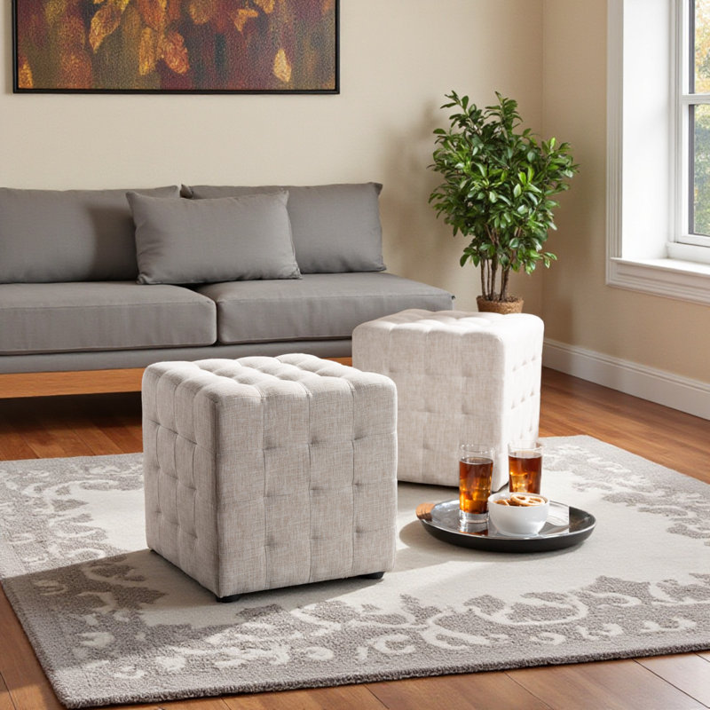 Charlise Beige Fabric Upholstered Tufted Cube Ottoman Set of 2, 14.97" H X 13.85" W X 13.85" D