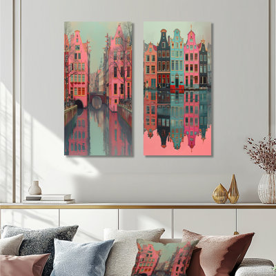 «Amsterdam Pink Grey Canal Photo I», ensemble de 2 pièces d'art mural Amsterdam