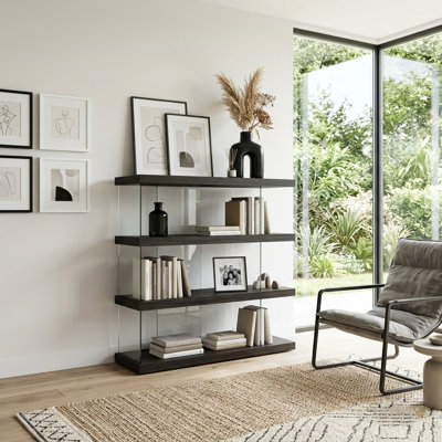 Modern 4-tier Wood And Glass Bookshelf, 47" Wide Open Display Shelving Unit For Living Room, Office