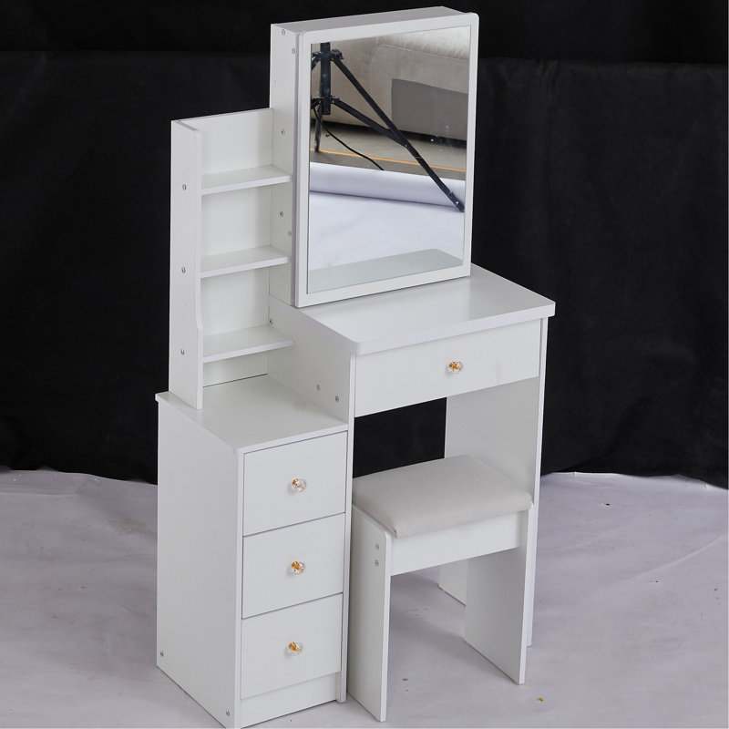 Compact Left Bedside Dresser Vanity Table, Comes With Cushioned Stool & Large Sliding Mirror, Multi-Layer Storage, Chic For Small Spaces, White Space- Cabinet Padded Big Fashionable Rooms