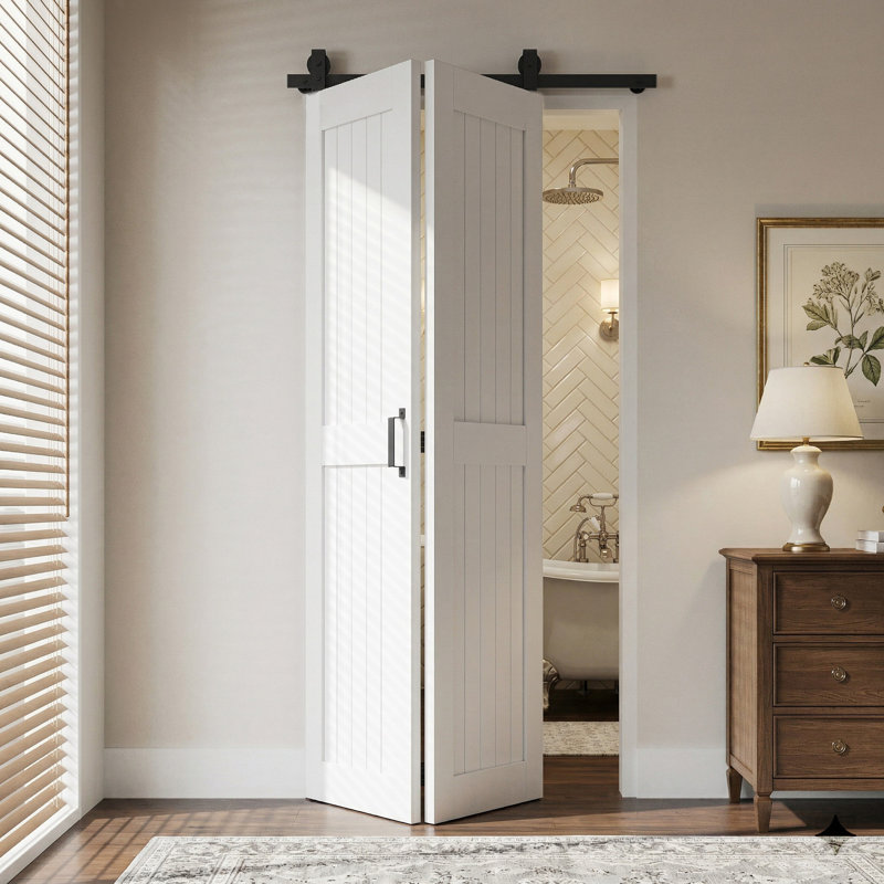 Porte de grange pliante en bois manufacturé avec trousse de quincaillerie montée sur le dessus, 56 po x 84 po