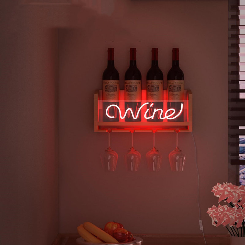Solid Wood Wall Mounted Wine Bottle & Glass Rack