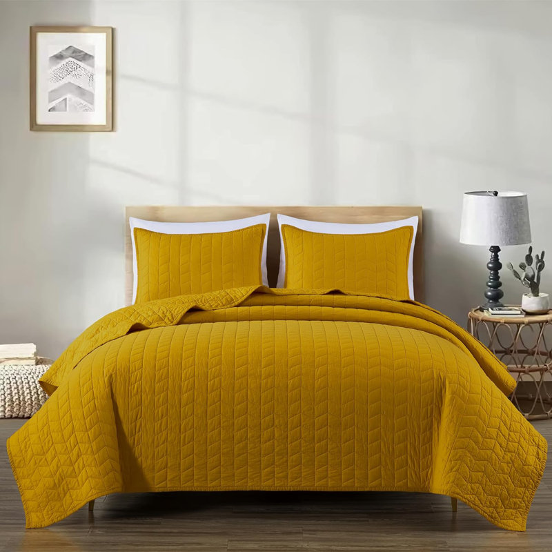 Solid Color Embroidery Stitching Cotton Quilt Sets Cotton Quilt, Queen Quilt + 2 Standard Shams, Mustard